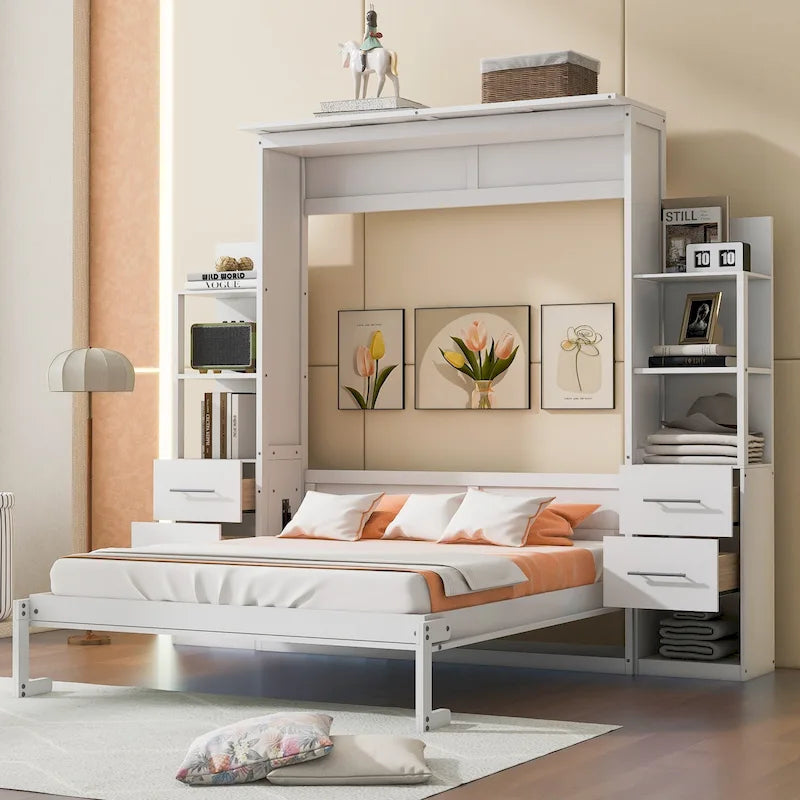 Murphy Bed Wall Bed with Shelves, Drawers and LED Lights
