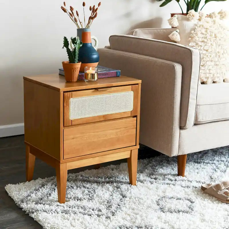 Wood 2-Drawer Bedside Table with Cane Panel