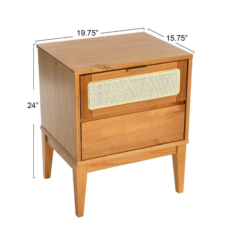Wood 2-Drawer Bedside Table with Cane Panel