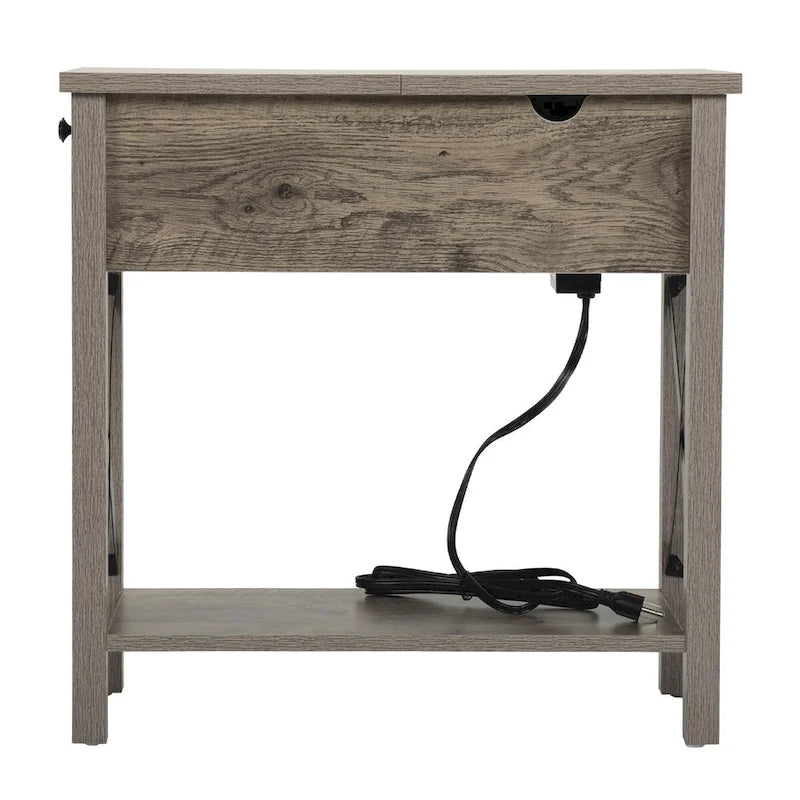 Farmhouse Flip Top End Table with Drawer, 2 AC Outlets & 2 USB Ports
