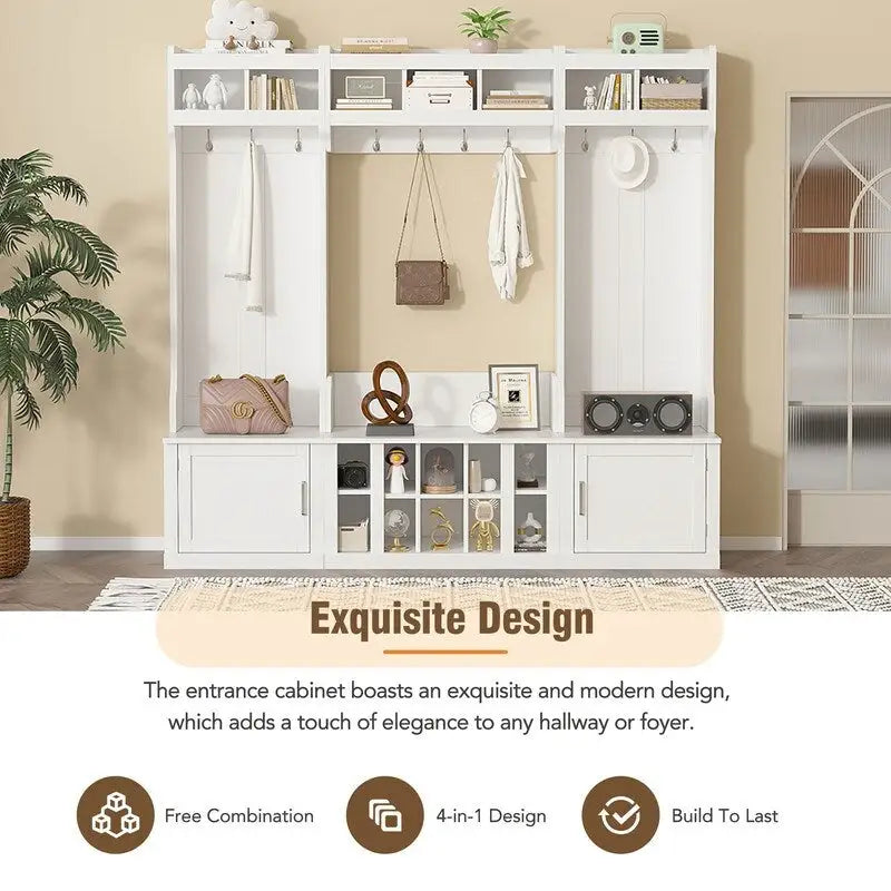 4-in-1 Hall Tree Entryway Bench with Coat Rack and Shoe Cubbies