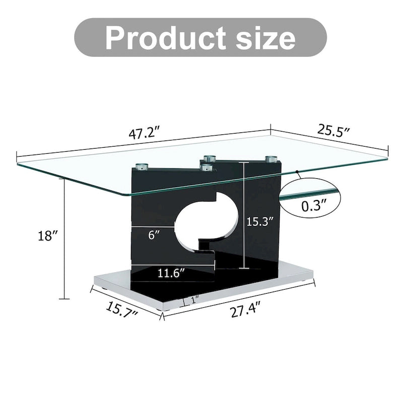 47.2x25.5x18 Rectangular Modern Coffee Table with Tempered Glass Top and Black MDF Legs