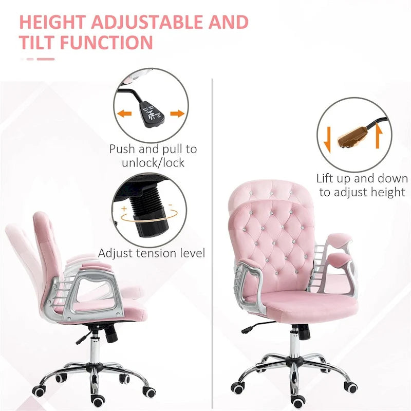 Velvet Adjustable Height Home Office Chair with Padded Armrests & Wheels