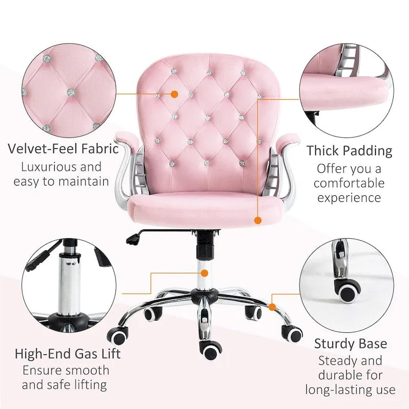 Velvet Adjustable Height Home Office Chair with Padded Armrests & Wheels