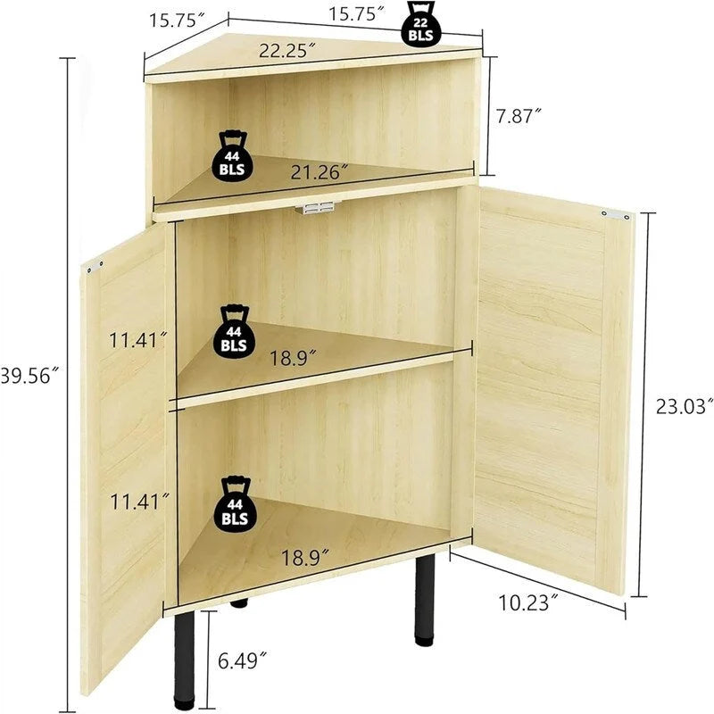 4-Tier Corner Cabinet with Doors & Shelves - Rattan Freestanding Storage Cabinet, 22.25D x 15.75W x 39.56H