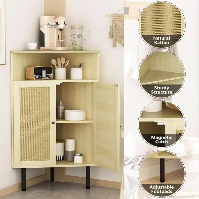 4-Tier Corner Cabinet with Doors & Shelves - Rattan Freestanding Storage Cabinet, 22.25D x 15.75W x 39.56H