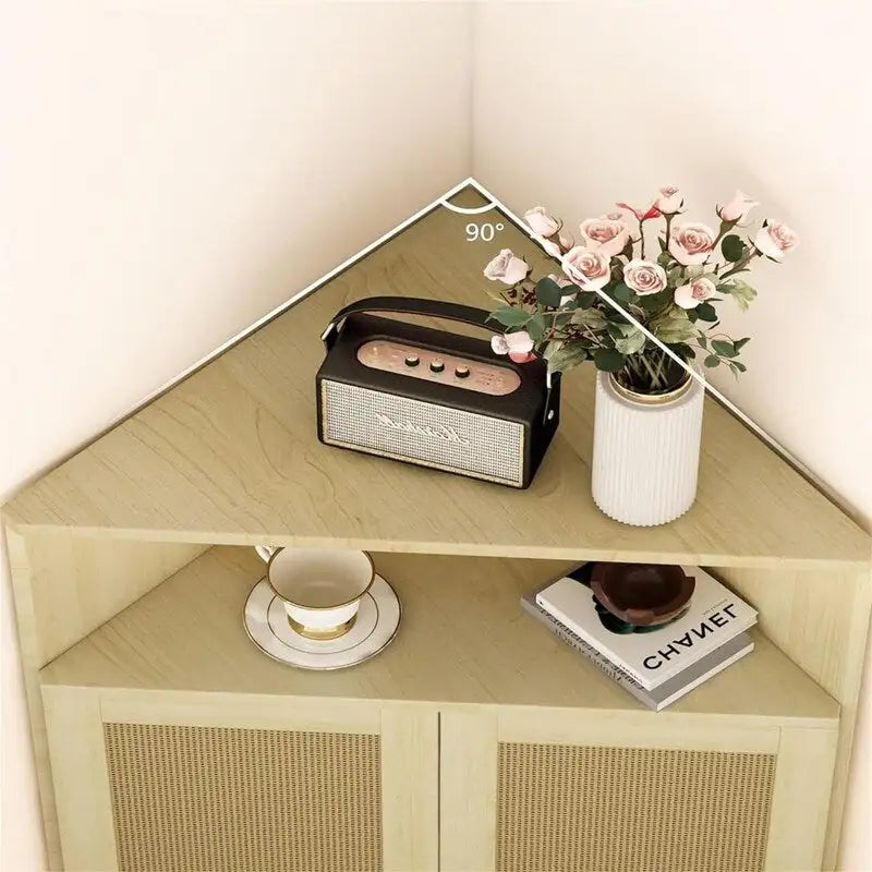 4-Tier Corner Cabinet with Doors & Shelves - Rattan Freestanding Storage Cabinet, 22.25D x 15.75W x 39.56H
