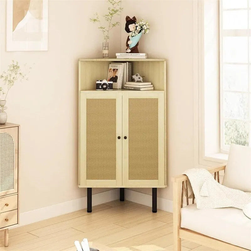 4-Tier Corner Cabinet with Doors & Shelves - Rattan Freestanding Storage Cabinet, 22.25D x 15.75W x 39.56H