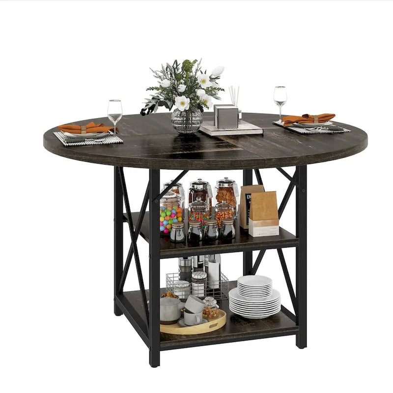 Round Dining Table with Storage Shelves & Metal Legs for 4-6 People