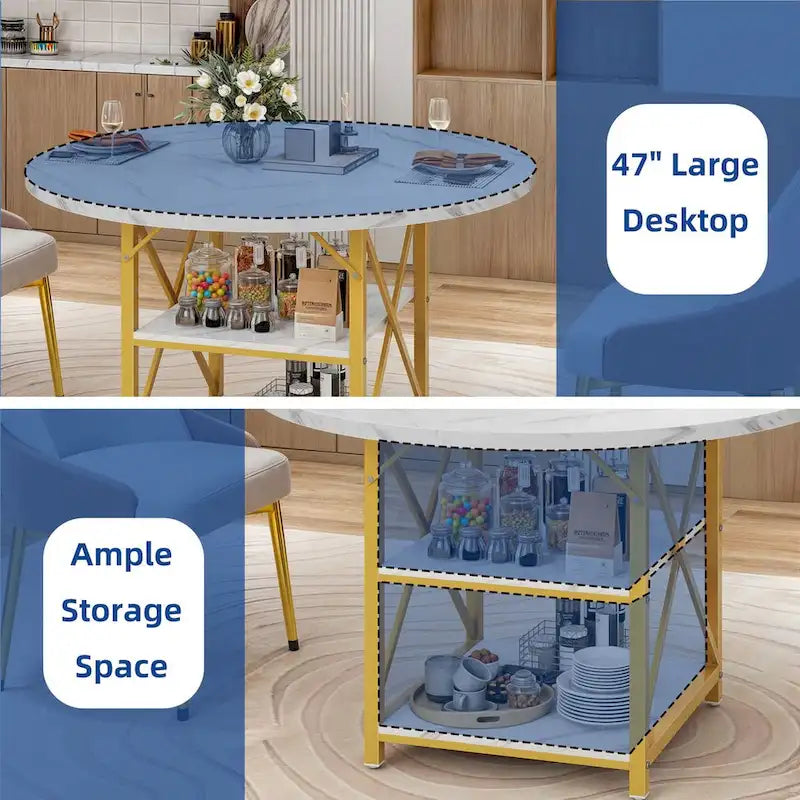 Round Dining Table with Storage Shelves & Metal Legs for 4-6 People