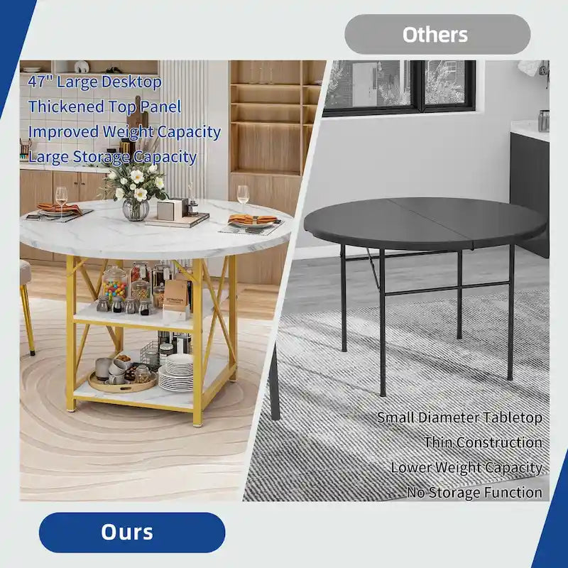 Round Dining Table with Storage Shelves & Metal Legs for 4-6 People