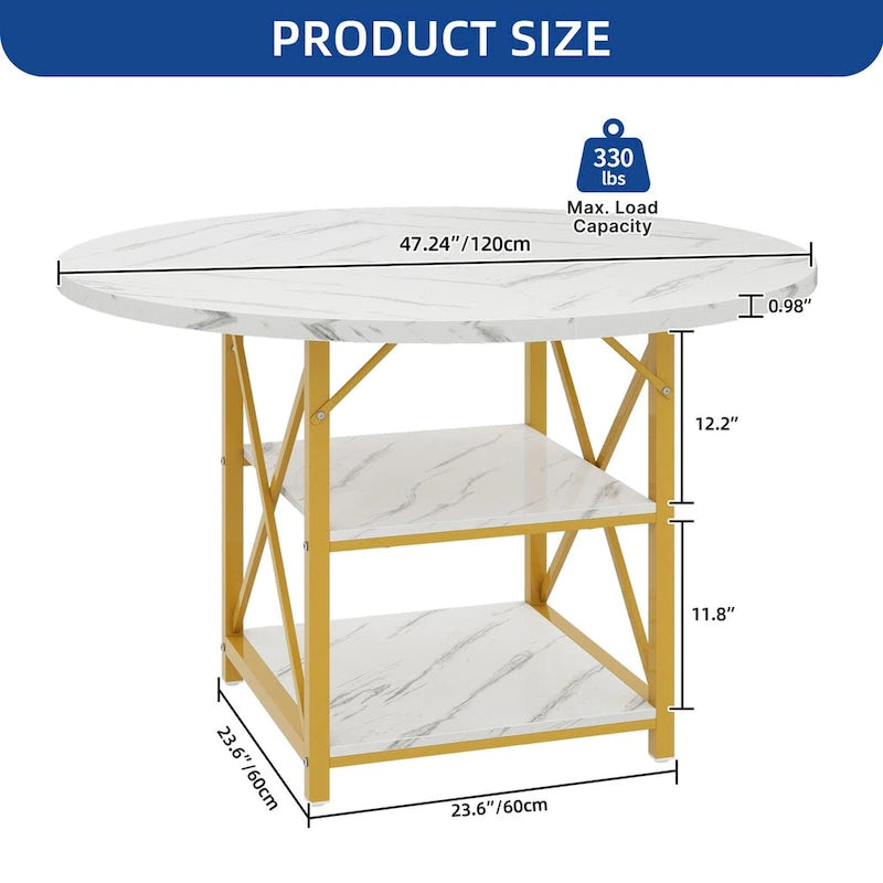 Round Dining Table with Storage Shelves & Metal Legs for 4-6 People